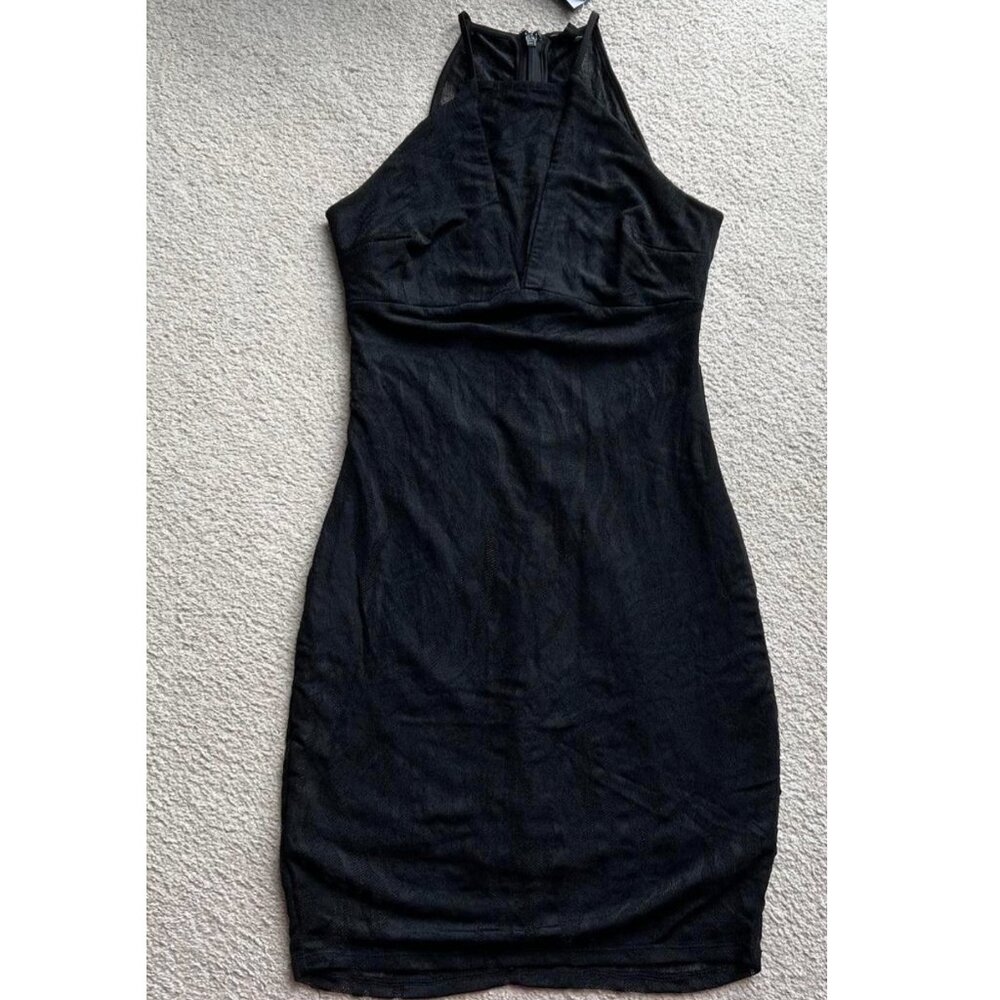GUESS Black Lace Halter Bodycon Dress with Triangle Lace Detail